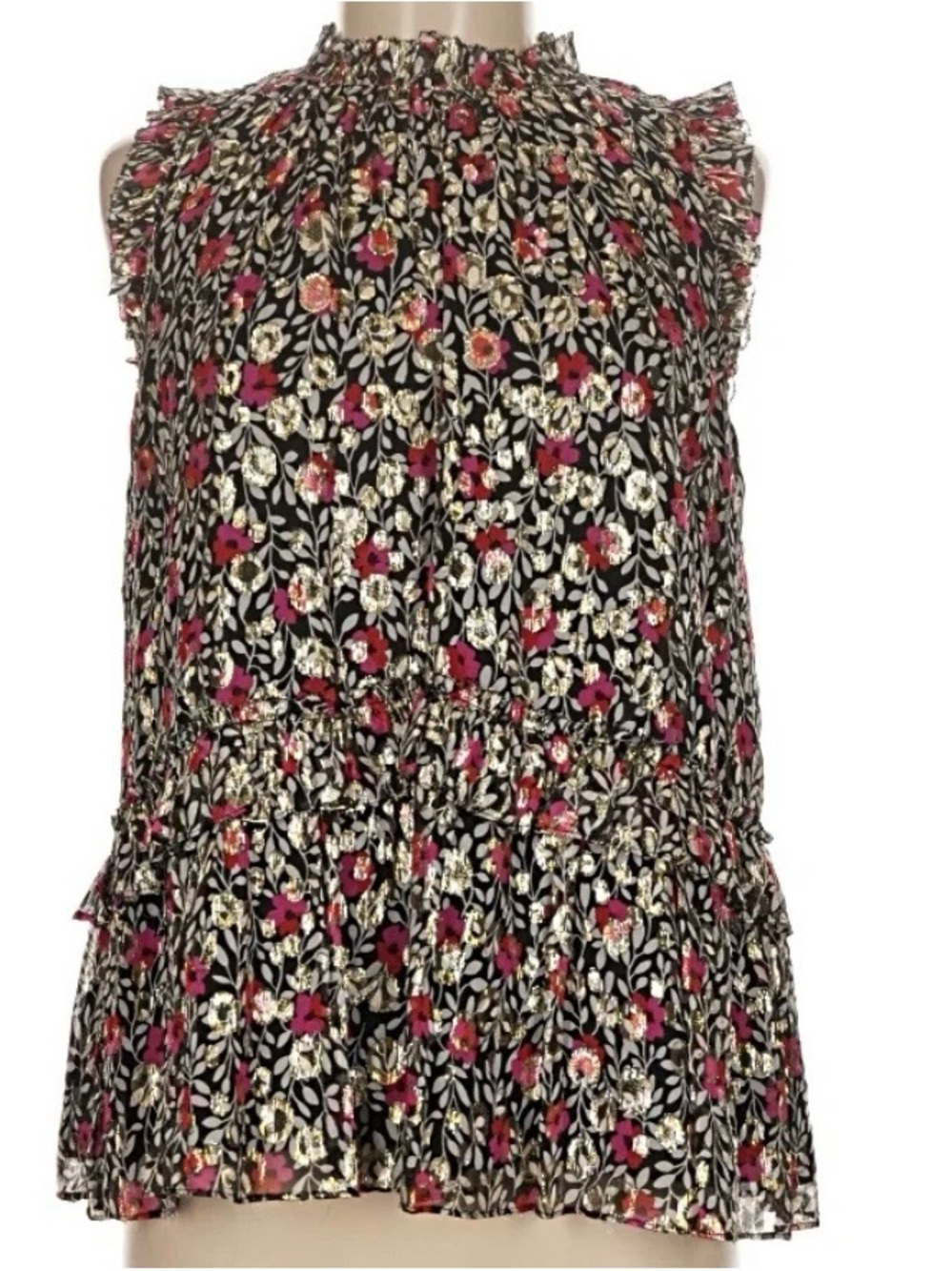 kate spade Black Floral Metallic Ruffle Hem Lined Blouse M